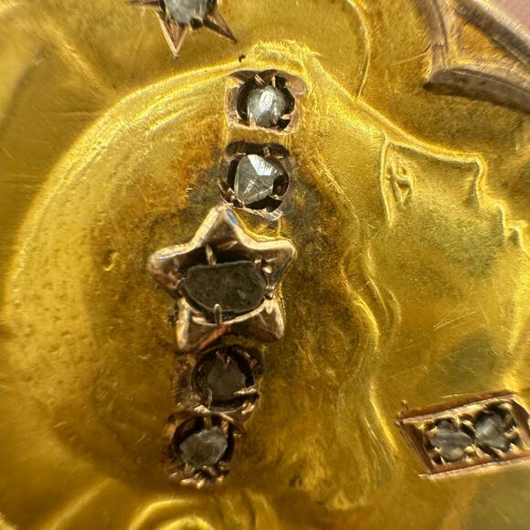 Antique Art Nouveau solid 18kt gold rose cut natural diamonds cameo pendant - Picture 5 of 10